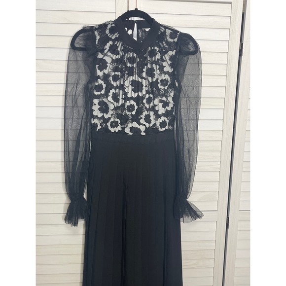Self Portrait Floral Guipure 
ORGANDY OVERLAY LACE Dress Ivory Blk Gown SZ SM - Picture 4 of 12